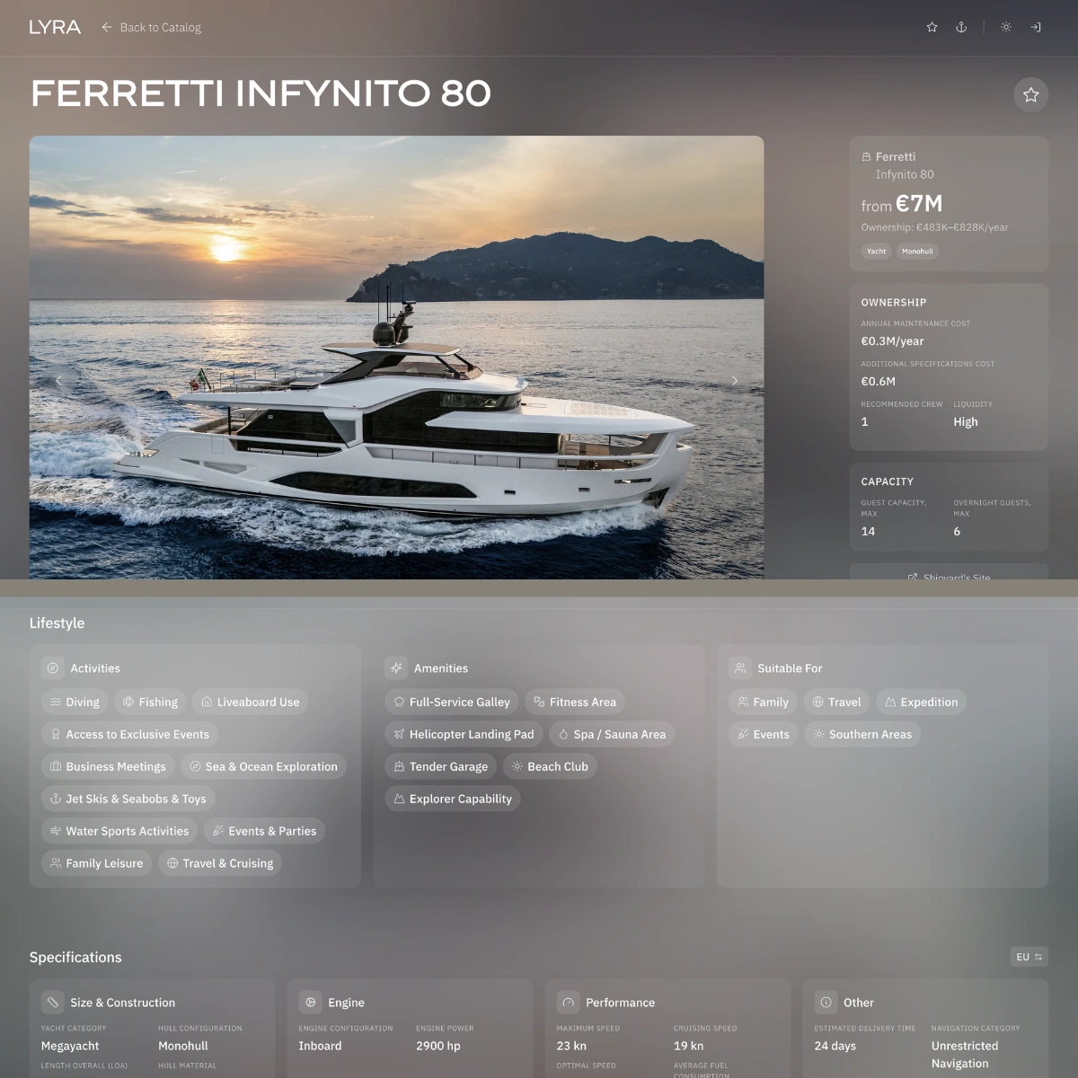 LYRA yacht profile interface for structured yacht information.